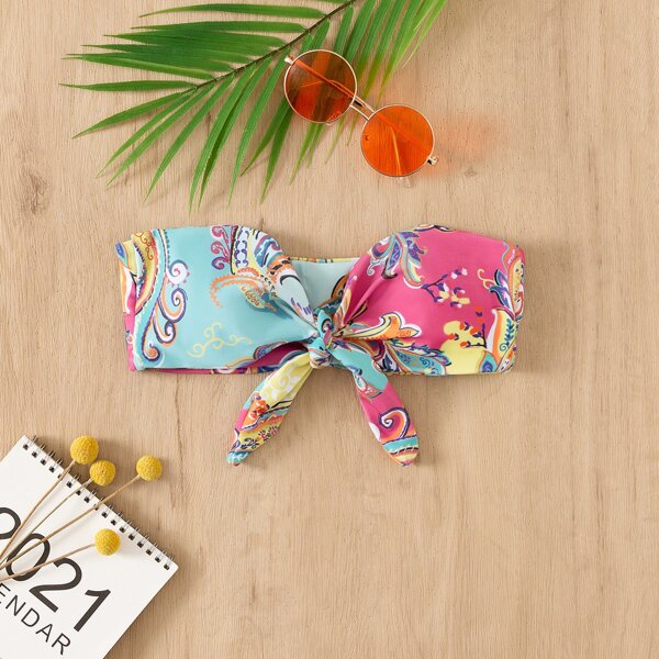

Paisley Print Knot Front Bandeau Bikini Top, Multicolor
