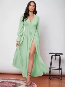 SHEIN 荷葉邊袖打褶圍裹下擺連衣裙 - 薄荷綠 - 查看 1