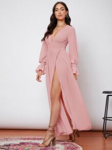 SHEIN 荷葉邊袖打褶圍裹下擺連衣裙 - 淺粉色 - 查看 3
