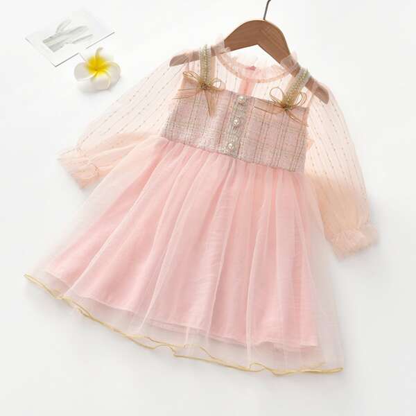 

Toddler Girls Bow Front Contrast Tweed Panel Mesh Dress, Pink