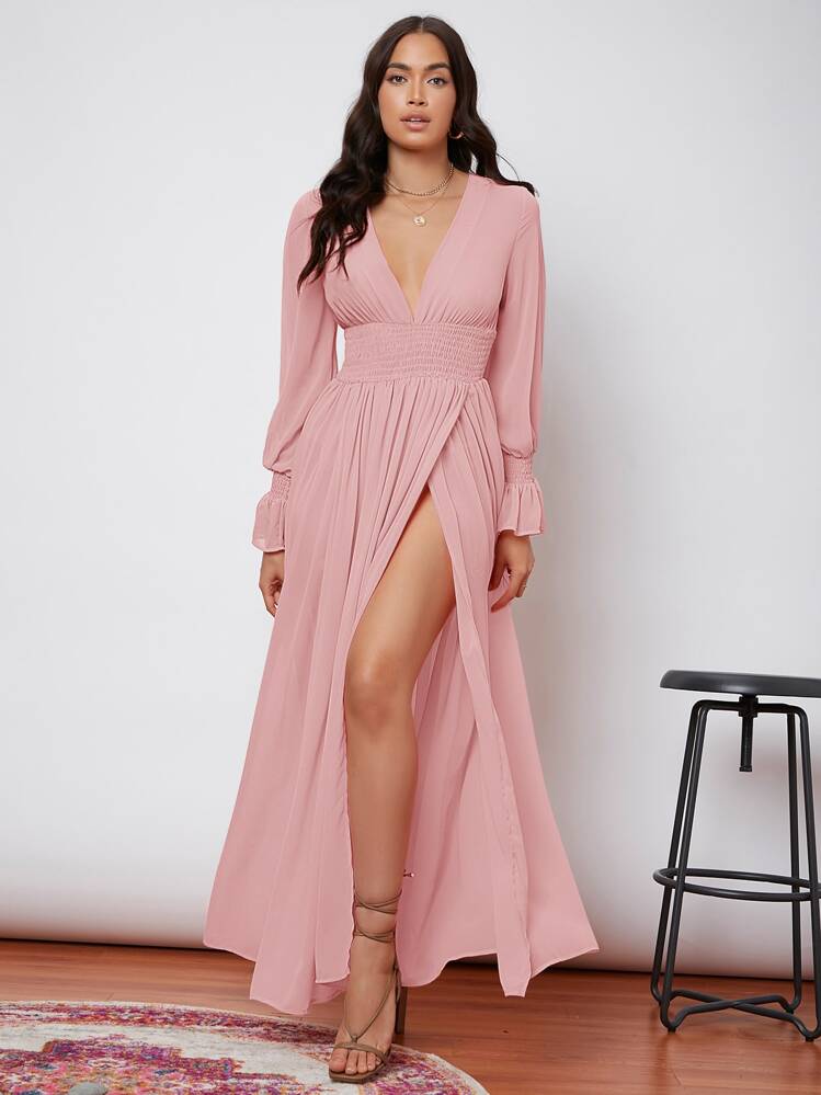 SHEIN Flounce Sleeve Shirred Waist Wrap Hem Dress - Baby Pink - View 4