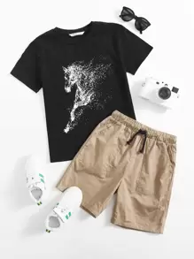 SHEIN 男孩馬圖案上衣和短褲套裝
