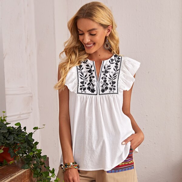 

Ruffle Armhole Floral Embroidered Top, White