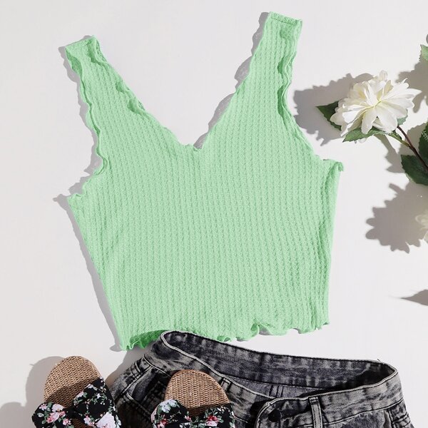 

V-neck Lettuce Trim Waffle Knit Tank Top, Mint green