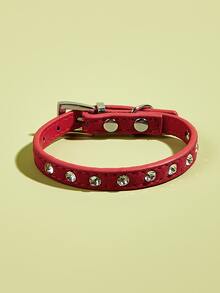 1件装水晶水钻可调节宠物项圈，带牵引绳扣，天鹅绒镶钻狗项圈，小型犬/猫项圈配件 - 紅色 - 查看 2