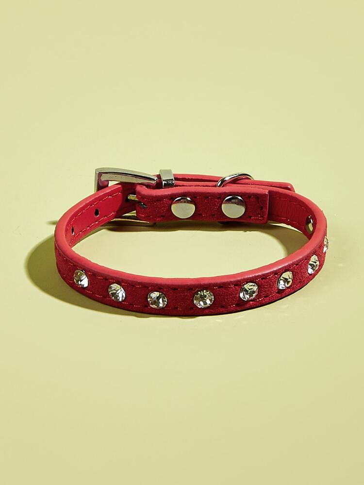 1pc Crystal Rhinestone Adjustable Pet Collar With Leash Clasp, Velvet Studded Dog Collar, Small Dog/Cat Collar Accessories - Red - View 2