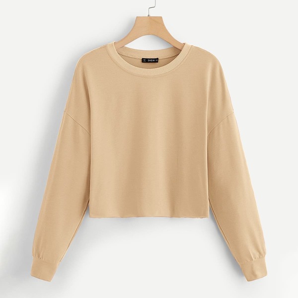 

Drop Shoulder Solid Crop Pullover, Khaki