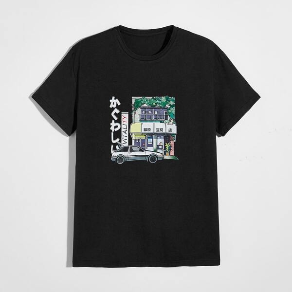 

Men Comic & Japanese Print Tee, Black