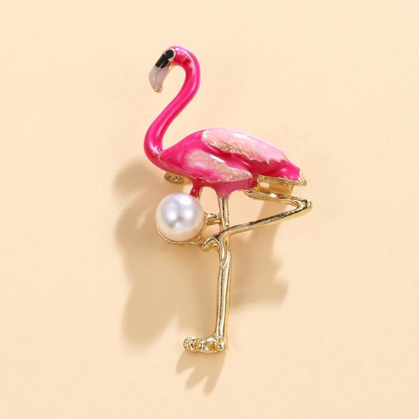 

Faux Pearl Decor Flamingo Design Brooch, Red
