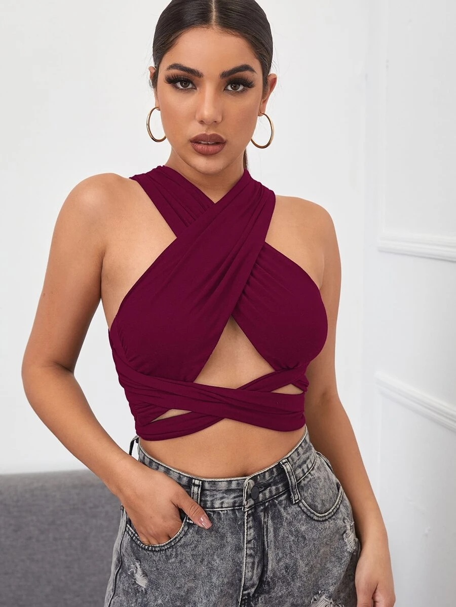 SHEIN Cross Wrap Front Tie Back Halter Top - Maroon - View 1