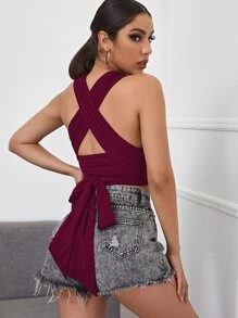 SHEIN Cross Wrap Front Tie Back Halter Top - Maroon - View 2