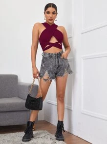SHEIN Cross Wrap Front Tie Back Halter Top - Maroon - View 3