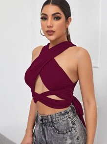 SHEIN Cross Wrap Front Tie Back Halter Top - Maroon - View 5