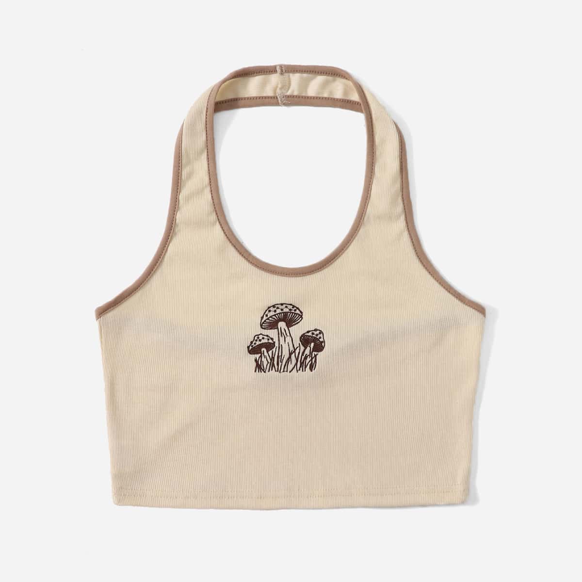 

Mushroom Embroidery Ringer Ribbed Halter Top, Apricot