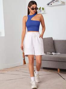 SHEIN Essnce Asymmetrical Shoulder Crop Top - Blue - View 4