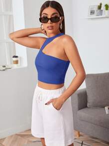 SHEIN Essnce Asymmetrical Shoulder Crop Top - Blue - View 5