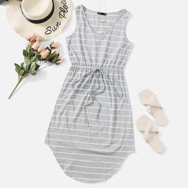 

Knot Waist Curved Hem Striped Dress, Light grey