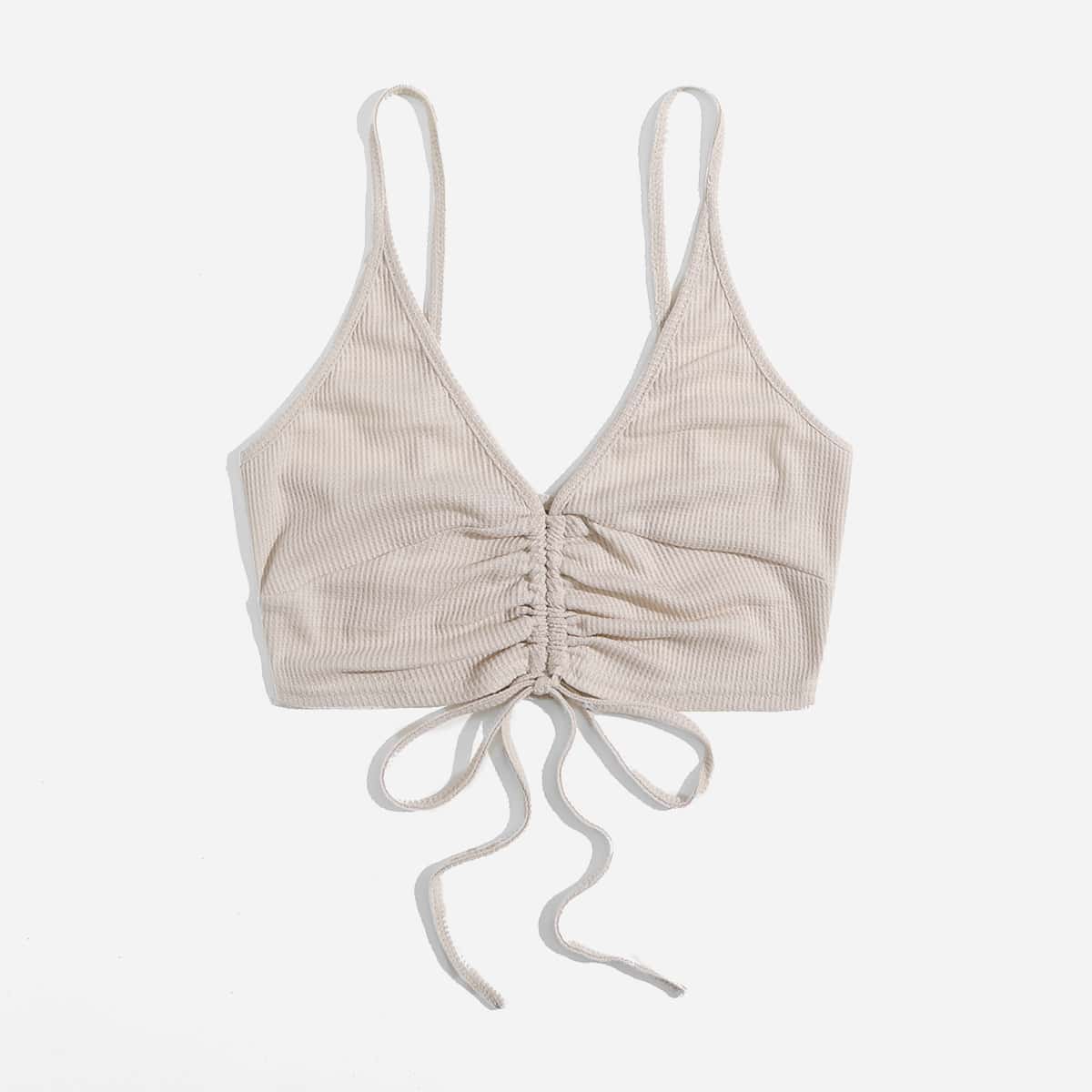 

Solid Drawstring Ruched Crop Cami, Beige