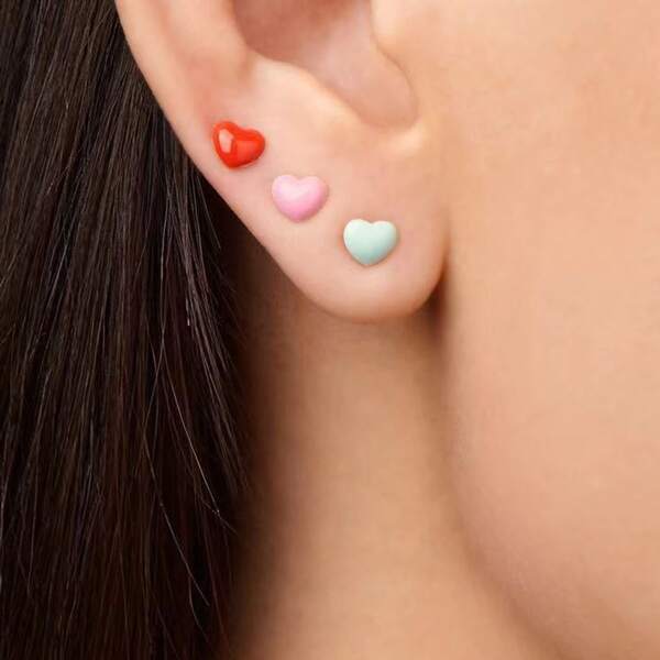 

3pairs Heart Design Earrings, Multicolor