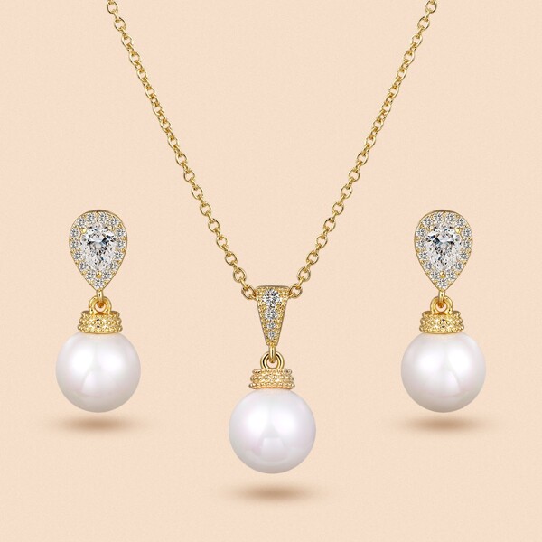

Faux Pearl Charm Necklace & 1pair Drop Earrings, Gold