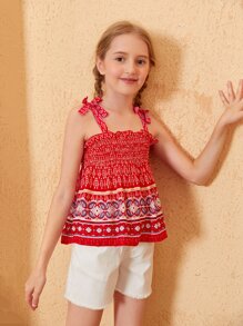 SHEIN Girls Paisley Print Knot Shoulder Shirred Ruffle Hem Cami Top - Multicolor - View 1