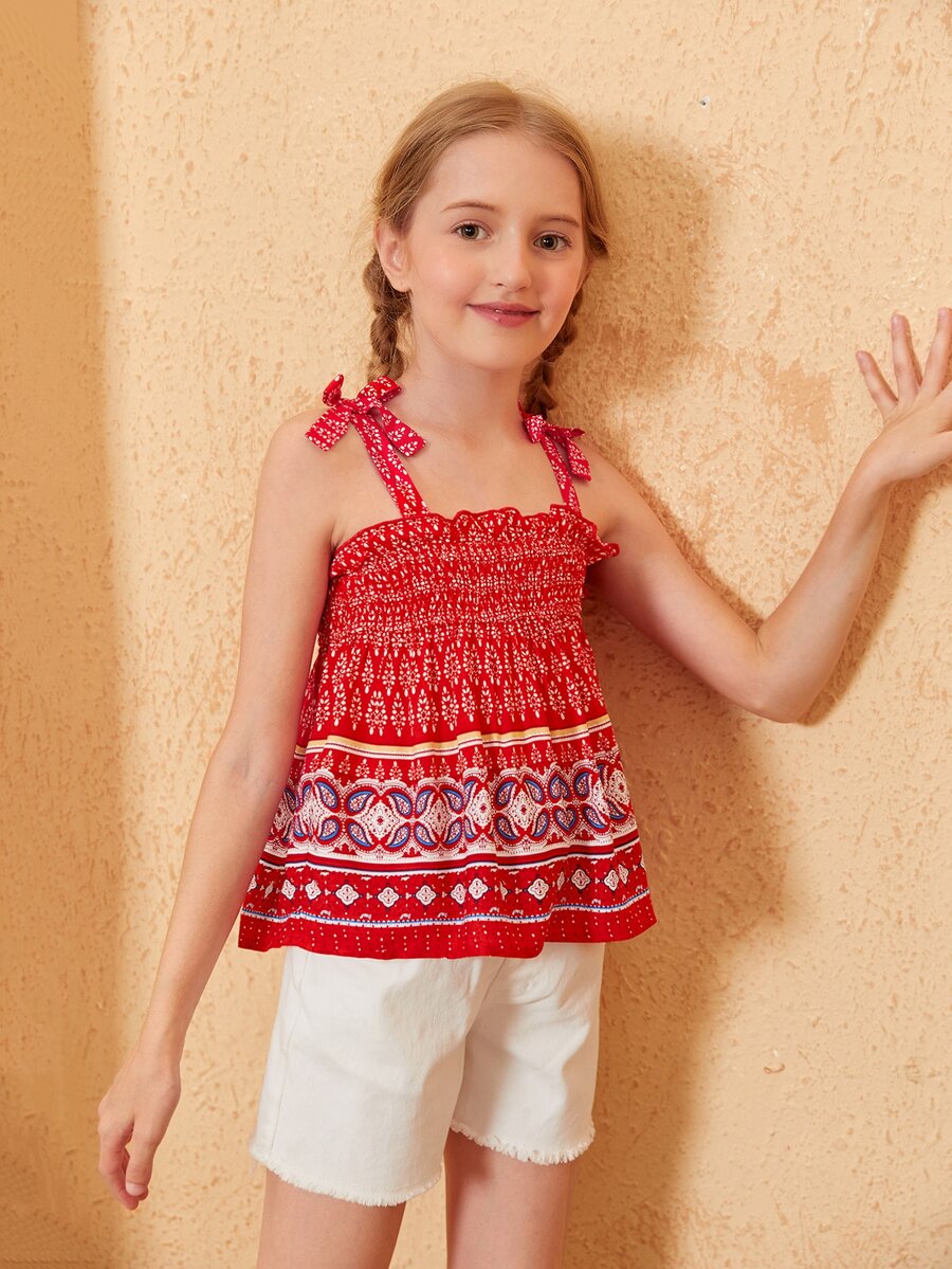 SHEIN Girls Paisley Print Knot Shoulder Shirred Ruffle Hem Cami Top - Multicolor - View 1