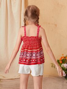 SHEIN Girls Paisley Print Knot Shoulder Shirred Ruffle Hem Cami Top - Multicolor - View 2