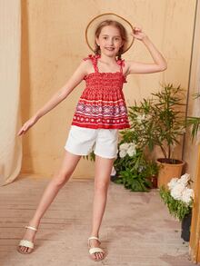 SHEIN Girls Paisley Print Knot Shoulder Shirred Ruffle Hem Cami Top - Multicolor - View 3