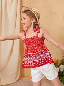 SHEIN Girls Paisley Print Knot Shoulder Shirred Ruffle Hem Cami Top - Multicolor - View 4