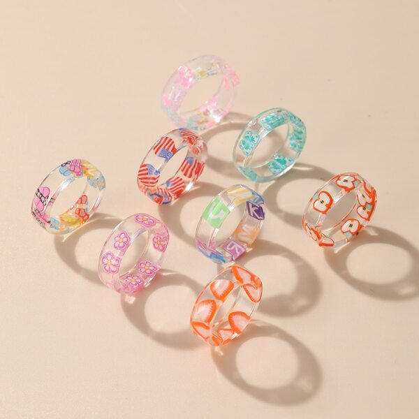 

8pcs Flower & Fruit Detail Ring, Multicolor