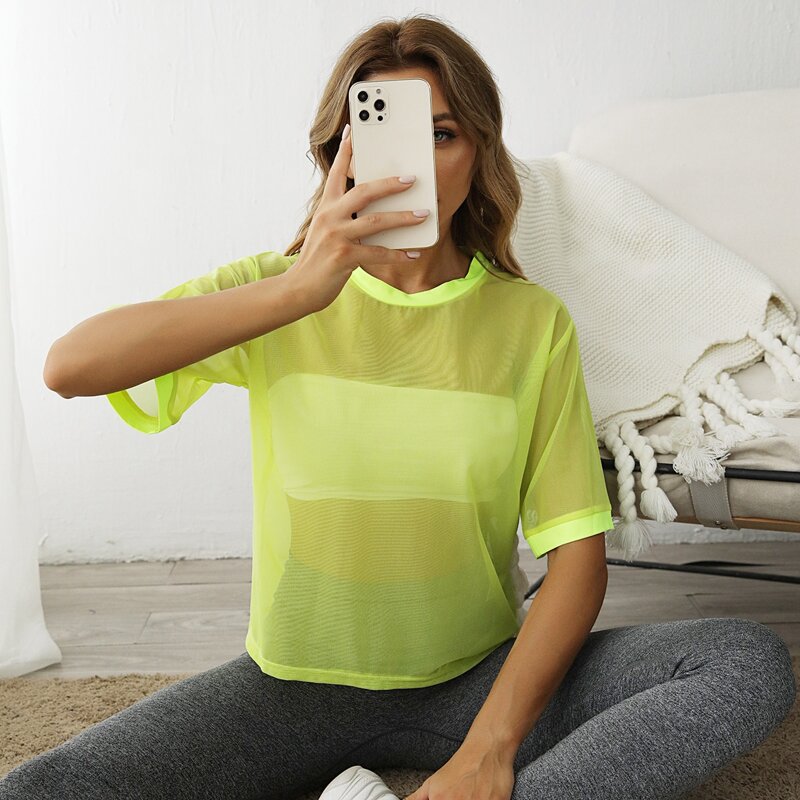 

Sheer Mesh Sports Tee Without Bra, Lime green