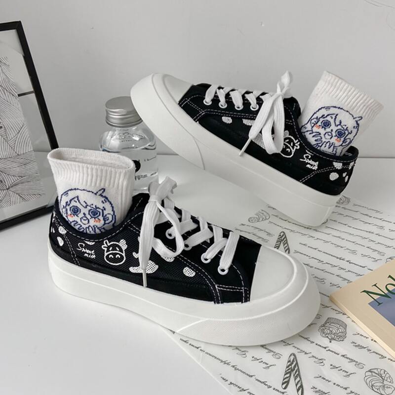 

Cartoon Cow Lace-up Canvas Sneakers, Black