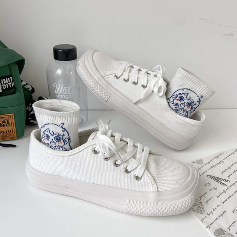 

Solid Lace-up Canvas Sneakers, White