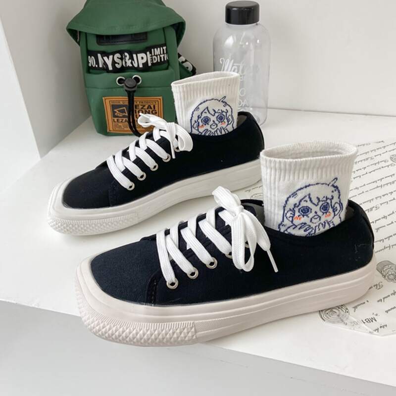 

Solid Lace-up Canvas Sneakers, Black