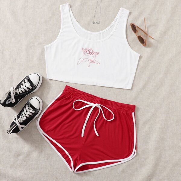 

Plus Angel Print Crop Tank Top With Dolphin Shorts, Red and white