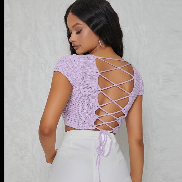 

Crochet Knit Lace-Up Back Crop Top, Lilac purple