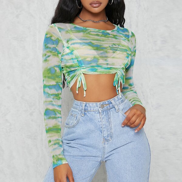 

Tie-Dye Wash Sheer Mesh Ruched Drawstring Crop Top, Multicolor