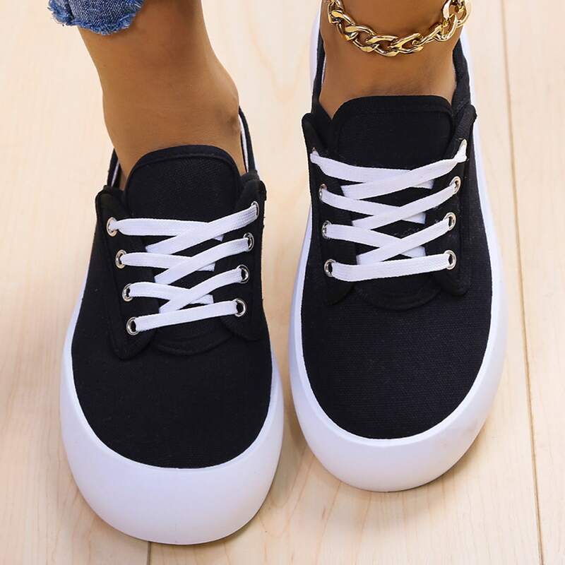 

Solid Lace-up Canvas Sneakers, Black