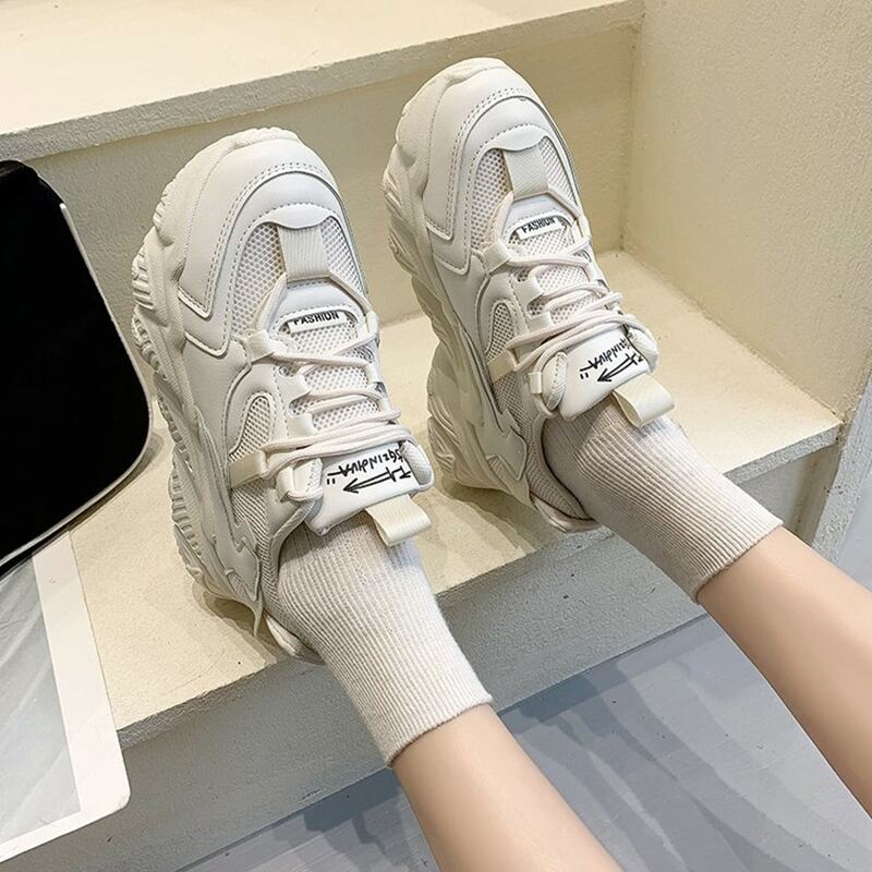 

Solid Lace-up Chunky Sneakers, Beige