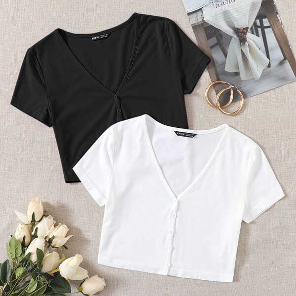 

2 Pack Buttoned Front Tee, Black and white