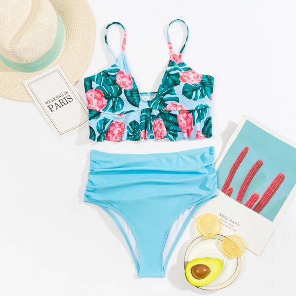 

Floral & Tropical Ruched High Waisted Bikini Swimsuit, Blue