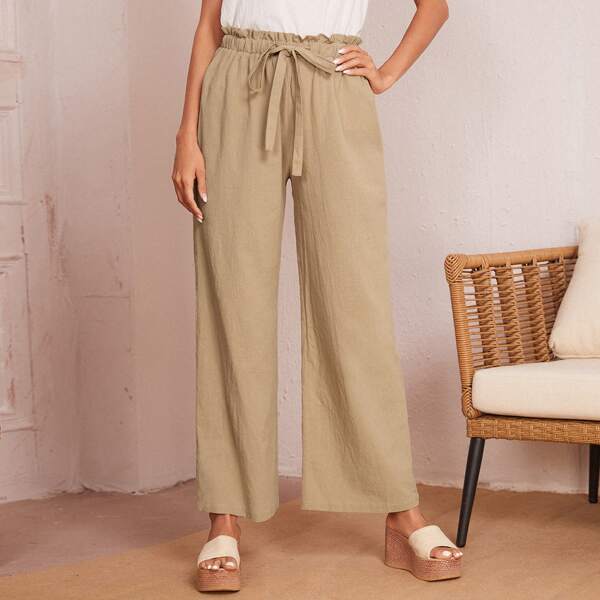 

Paperbag Drawstring Waist Solid Palazzo Pants, Khaki