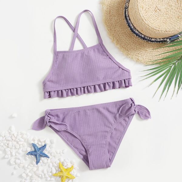 

Girls Plain Ruffle Trim Bikini Swimsuit, Purple