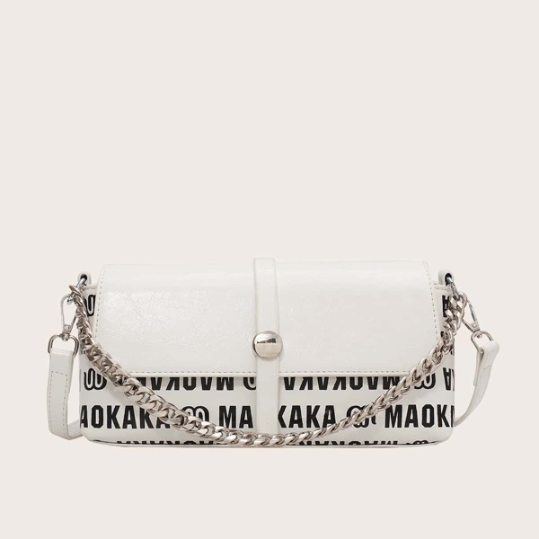 

Letter Graphic Flap Chain Bag, White