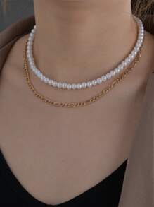 1pc Elegant Style Pearl Necklace With Double Layer Flat Snake Chain, Alloy Chain, Perfect For Ladies' Commuting & Party - Multicolor - View 8