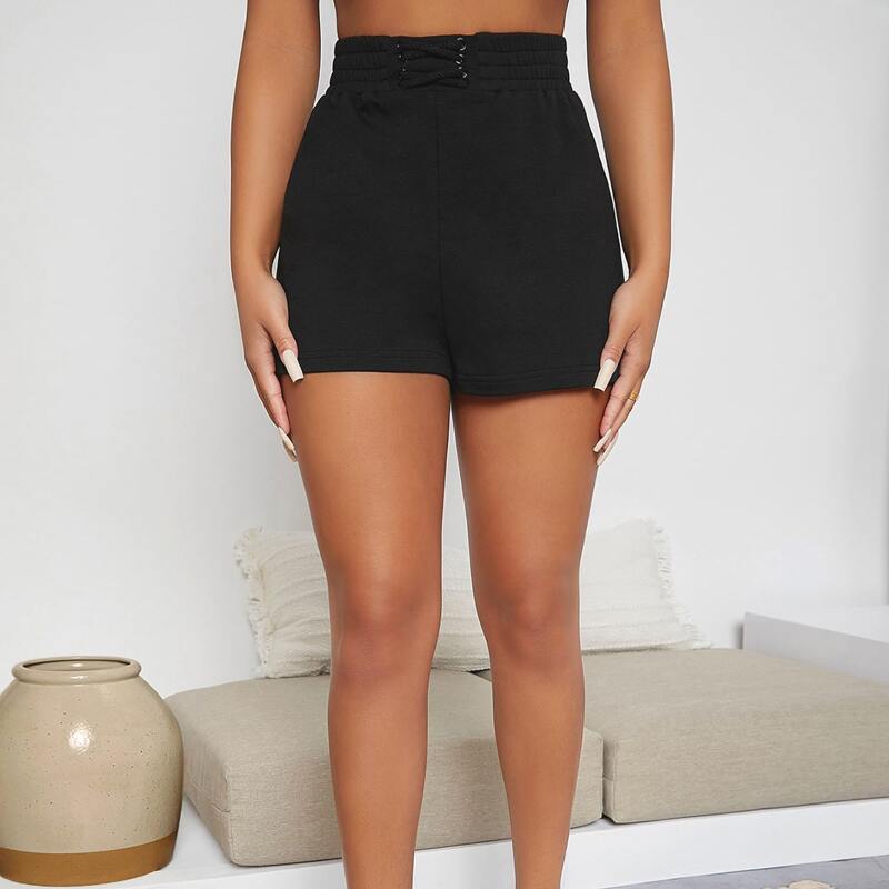 

Crisscross Elastic Waist Solid Shorts, Black