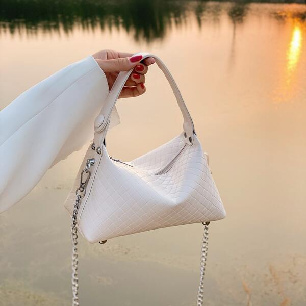 

Geometric Textured Satchel Bag, White