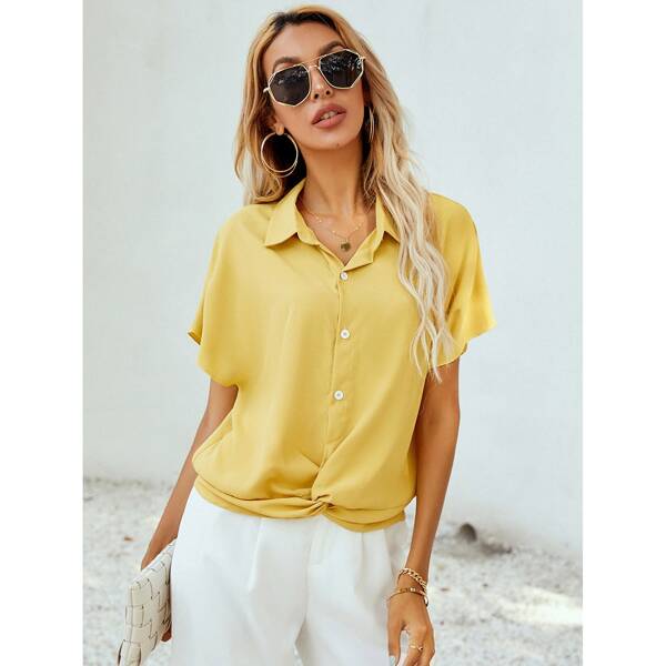 

Solid Twist Front Batwing Sleeve Blouse, Yellow