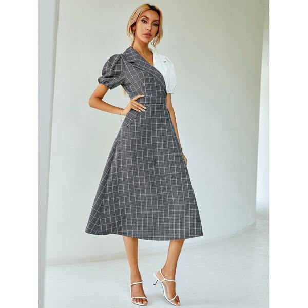 

Plaid Print Two Tone Slant Pocket Dress, Black and white