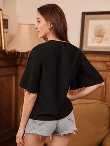 Camisa de manga con volante de cuello con cordón con encaje en contraste - Negro - Ver 2